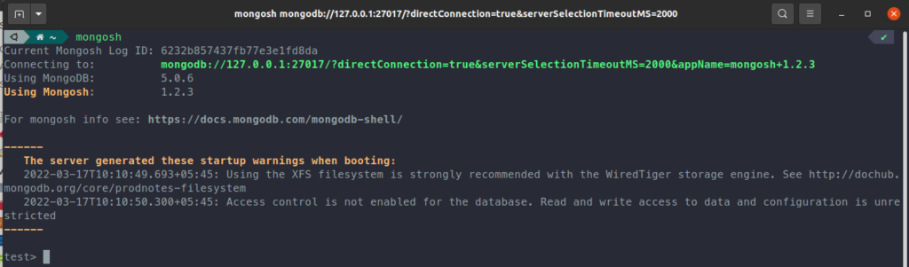 Interacting the mongoDB through terminal through mongosh