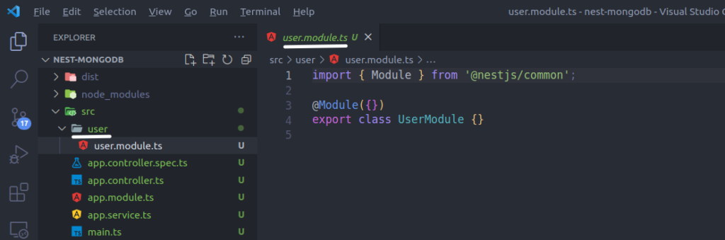 User module file created inside the user folder