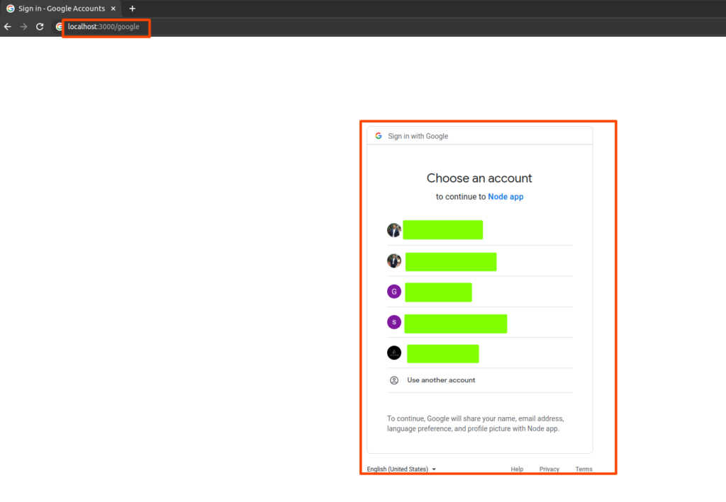 Going to the route localhost:3000/google