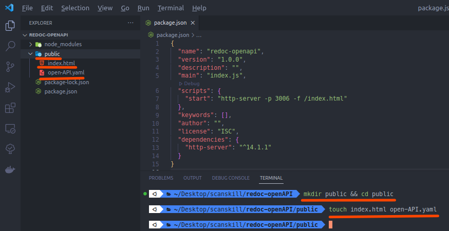 creating a public folder, index file and openAPI file - serve API written in OpenAPI format using redoc in docker