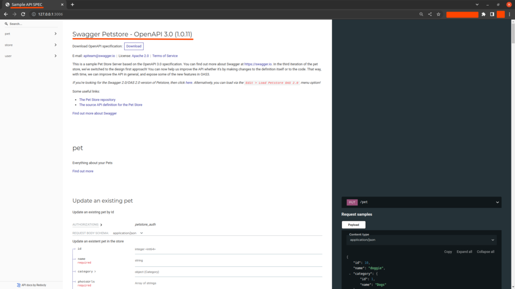 Redoc in use - serve API written in OpenAPI format using redoc in docker