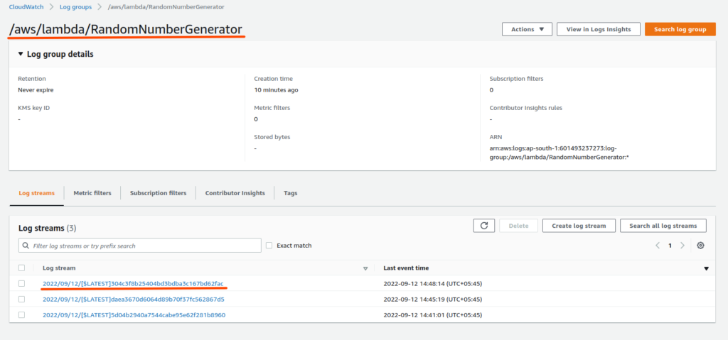 Inside our RandomNumberGenerator Lambda log group - create a simple rest API in Node.js using AWS Lambda