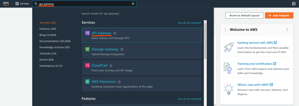 Getting to the API Gateway Dashboard - Create REST API in Node.js using AWS Lambda