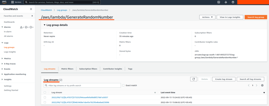 Inside our GenerateRandomNumber Lambda log group