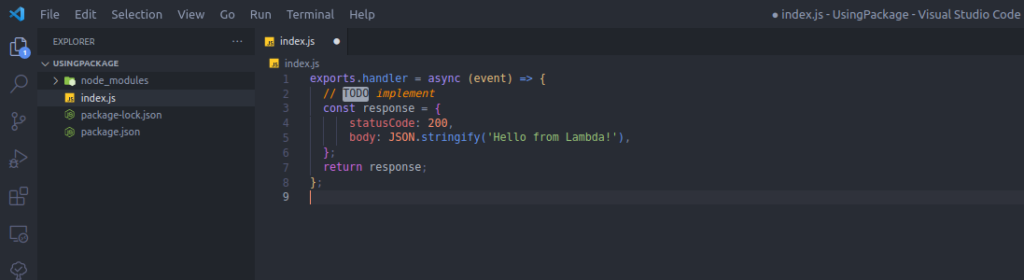 Create index.js file and add same code as the Lambda