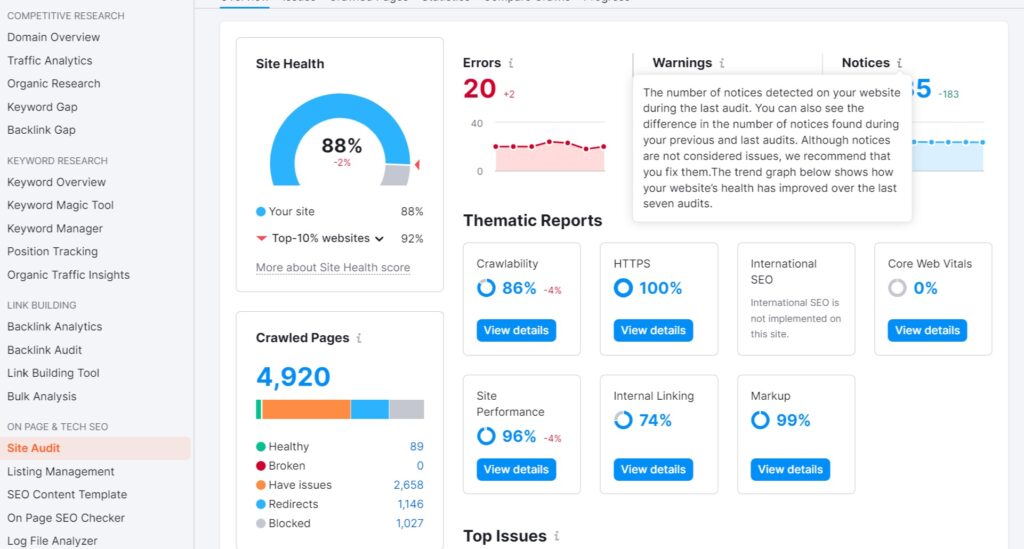 domain audit- semrush