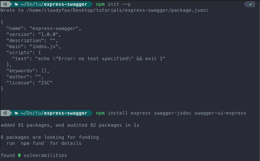 Initializing a node application and installing packages